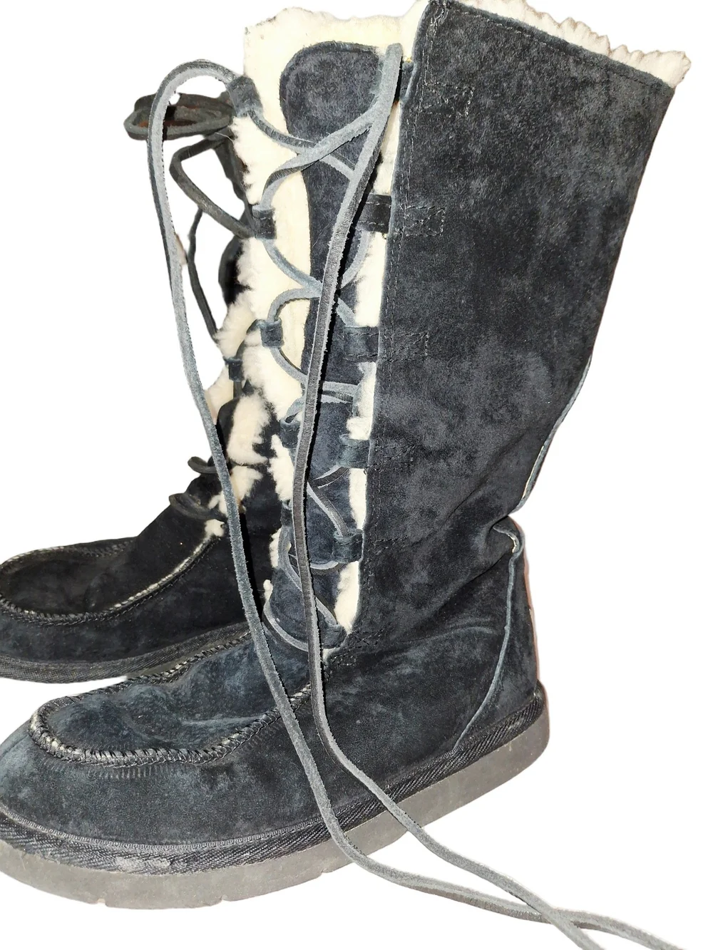 Ugg Black Suade Lace Up Cabincore Sz 7 Winter Moccasin Leather Boots